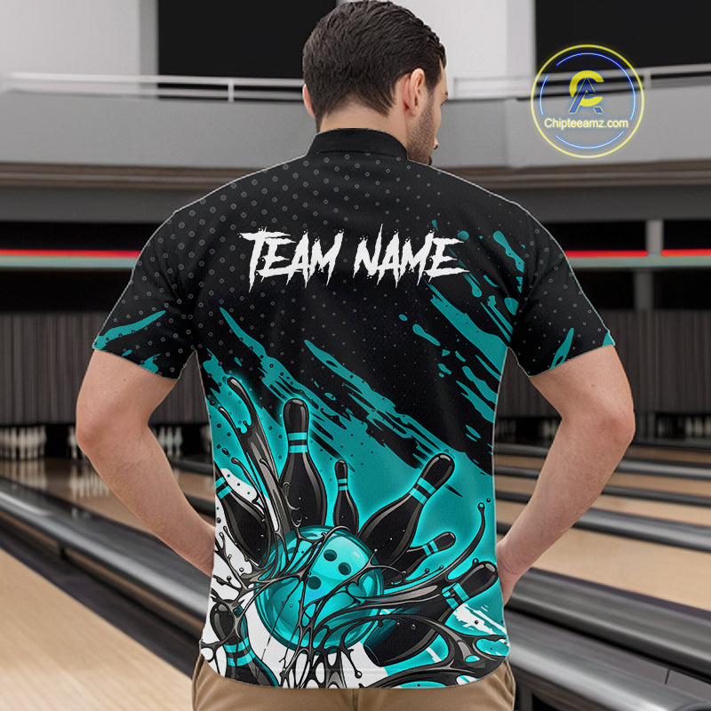 Custom Turquoise Bowling Jerseys, Personalized Bowling Team Shirts Bowling Pin And Ball