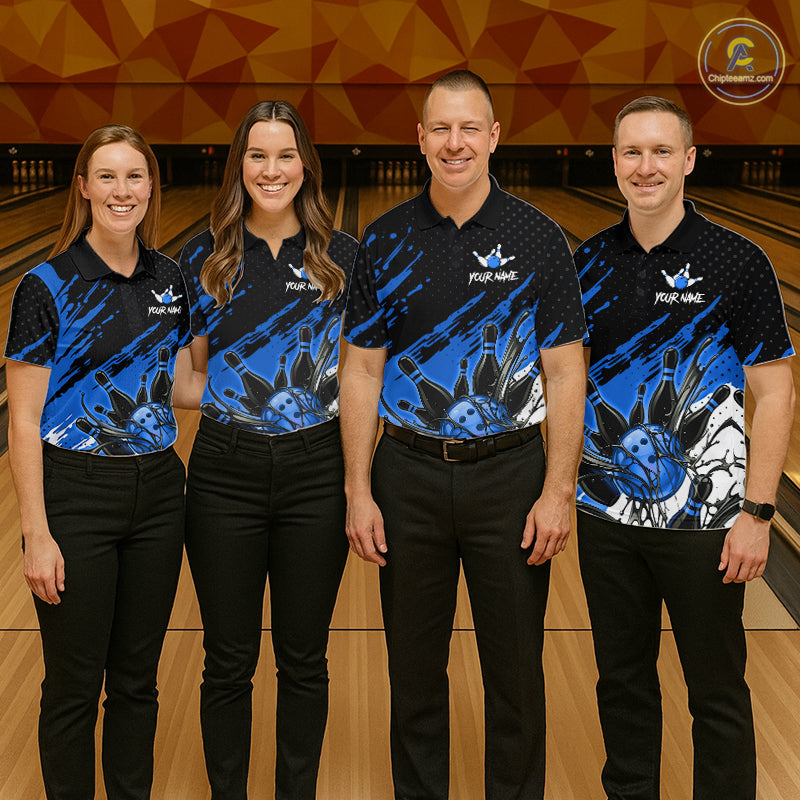 Custom Blue Bowling Jerseys, Personalized Bowling Team Shirts Bowling Pin And Ball