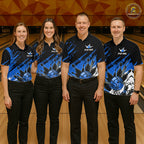 Custom Blue Bowling Jerseys, Personalized Bowling Team Shirts Bowling Pin And Ball