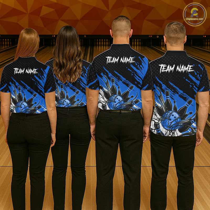 Custom Blue Bowling Jerseys, Personalized Bowling Team Shirts Bowling Pin And Ball