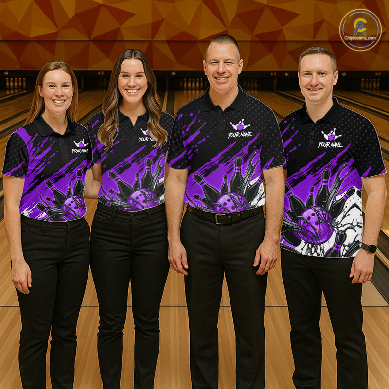 Custom Purple Bowling Jerseys, Personalized Bowling Team Shirts Bowling Pin And Ball