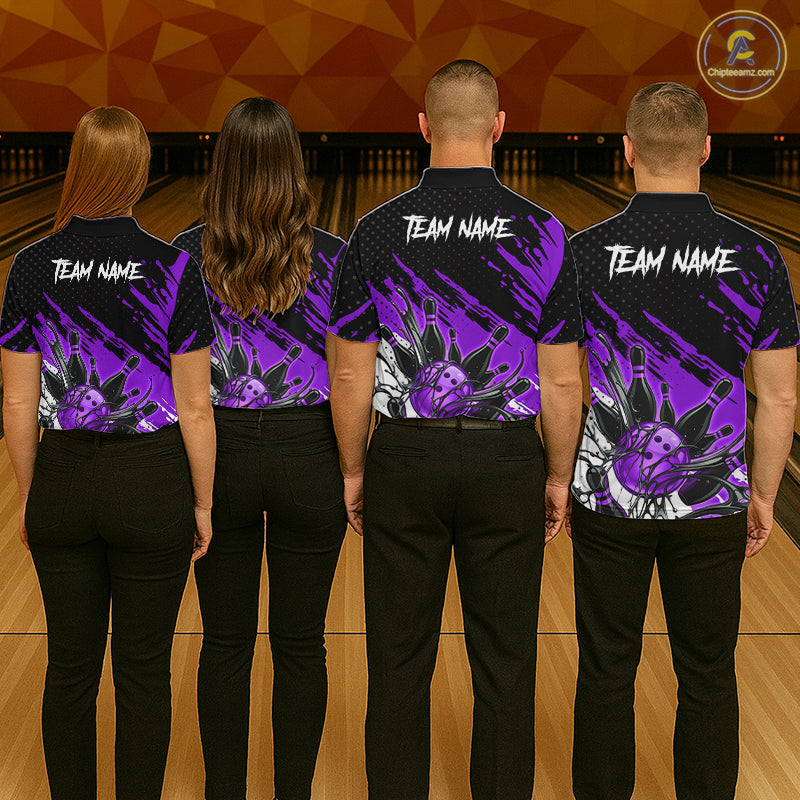 Custom Purple Bowling Jerseys, Personalized Bowling Team Shirts Bowling Pin And Ball