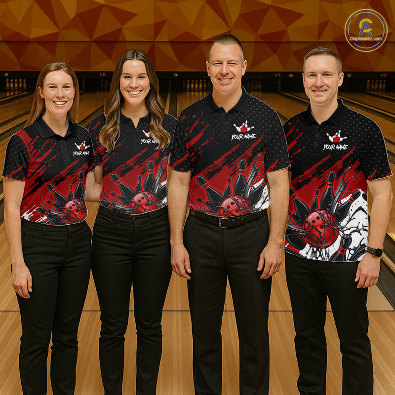 Custom Red Bowling Jerseys, Personalized Bowling Team Shirts Bowling Pin And Ball