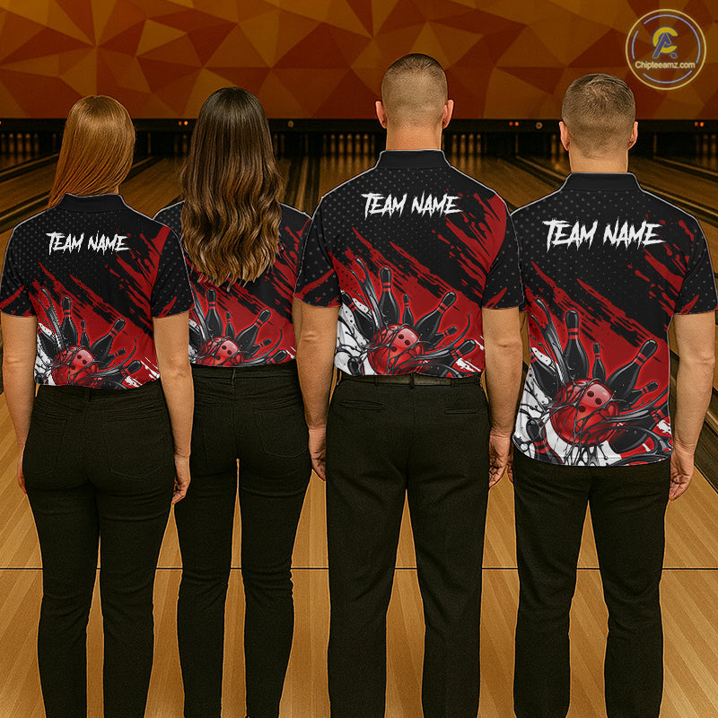 Custom Red Bowling Jerseys, Personalized Bowling Team Shirts Bowling Pin And Ball
