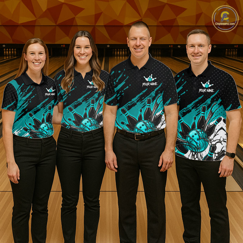 Custom Turquoise Bowling Jerseys, Personalized Bowling Team Shirts Bowling Pin And Ball