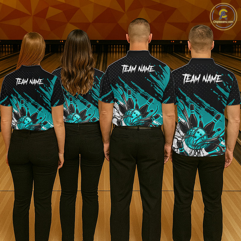 Custom Turquoise Bowling Jerseys, Personalized Bowling Team Shirts Bowling Pin And Ball