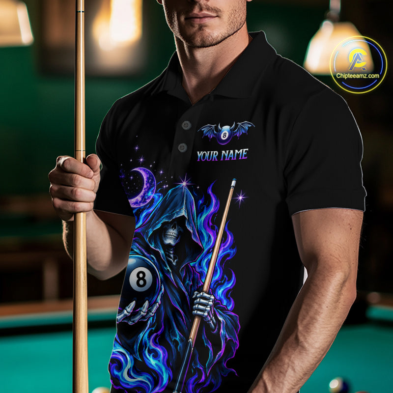 Custom Neon Flaming Grim Reaper 8 Ball Billiard Team Shirts Billiard League Jerseys