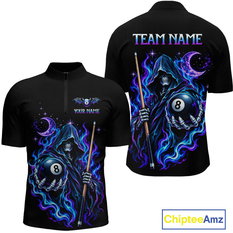 Custom Neon Flaming Grim Reaper 8 Ball Billiard Team Shirts Billiard League Jerseys