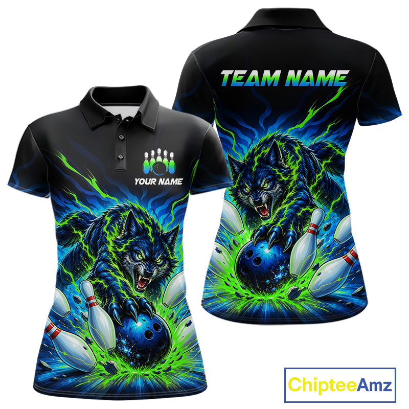 Custom Green Flame Wolf Bowling Team Shirts Bowling Jersey Bowling League Shirts