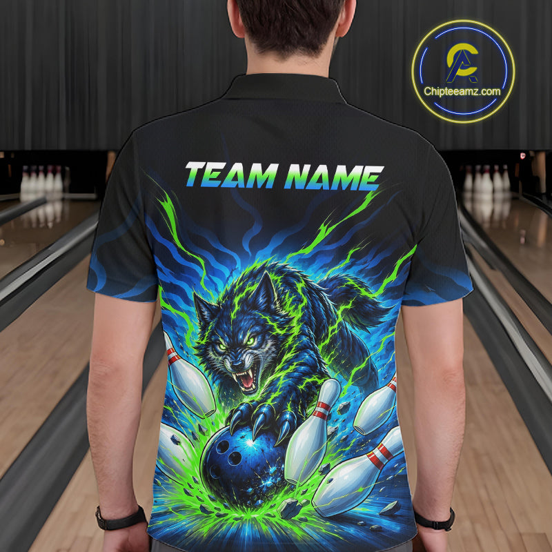 Custom Green Flame Wolf Bowling Team Shirts Bowling Jersey Bowling League Shirts