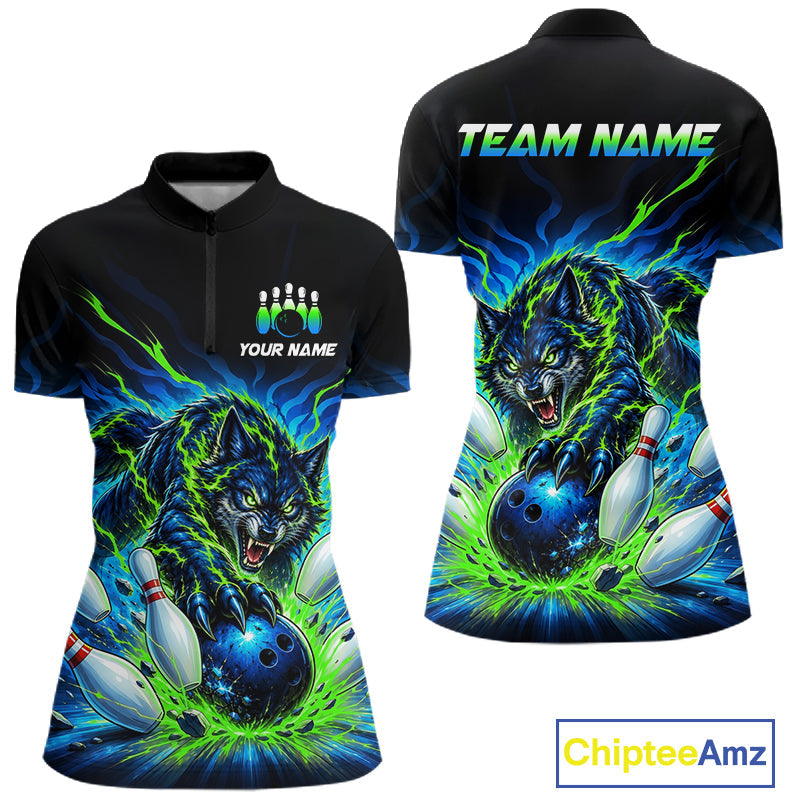 Custom Green Flame Wolf Bowling Team Shirts Bowling Jersey Bowling League Shirts