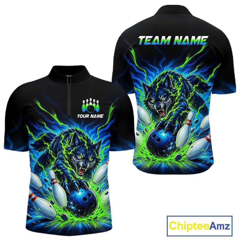 Custom Green Flame Wolf Bowling Team Shirts Bowling Jersey Bowling League Shirts
