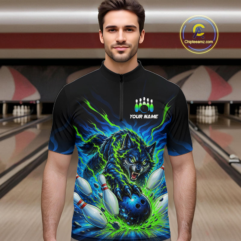 Custom Green Flame Wolf Bowling Team Shirts Bowling Jersey Bowling League Shirts