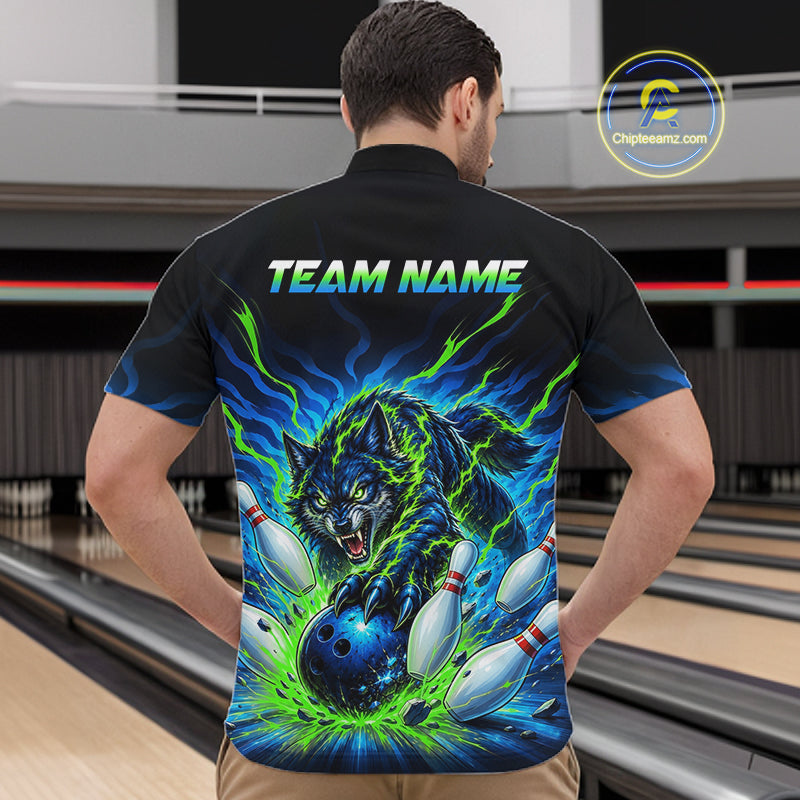 Custom Green Flame Wolf Bowling Team Shirts Bowling Jersey Bowling League Shirts