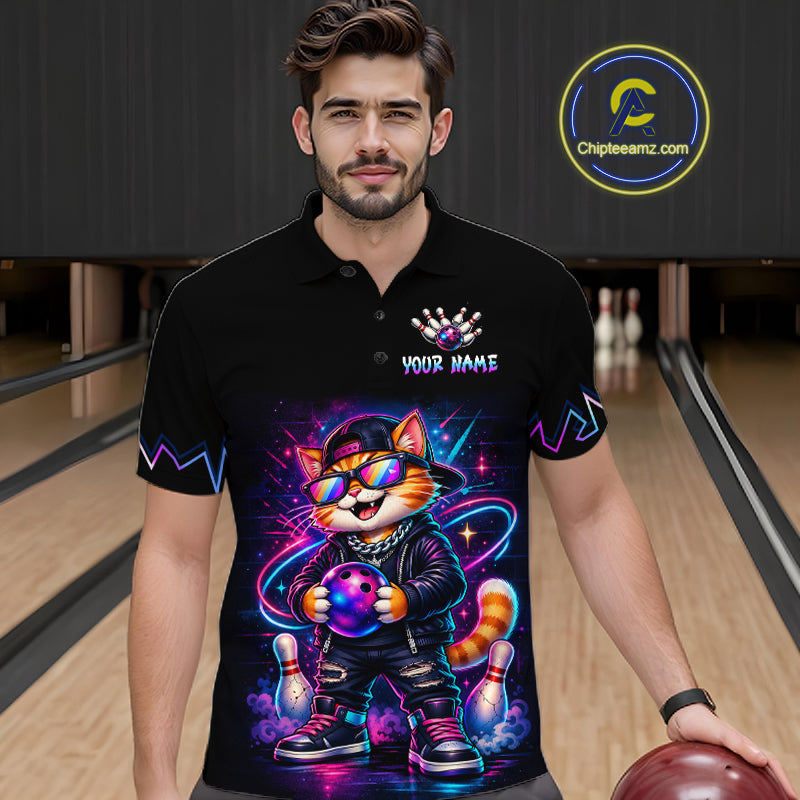 Custom Neon Galaxy Funny Cat Bowling Team Shirts Bowling Jersey Bowling League