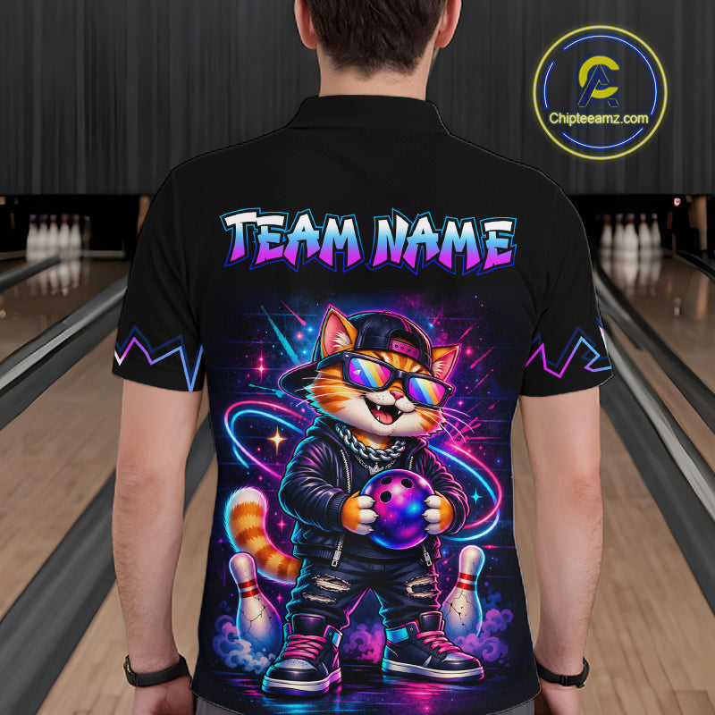 Custom Neon Galaxy Funny Cat Bowling Team Shirts Bowling Jersey Bowling League