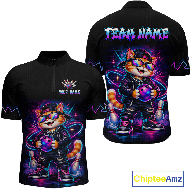 Custom Neon Galaxy Funny Cat Bowling Team Shirts Bowling Jersey Bowling League
