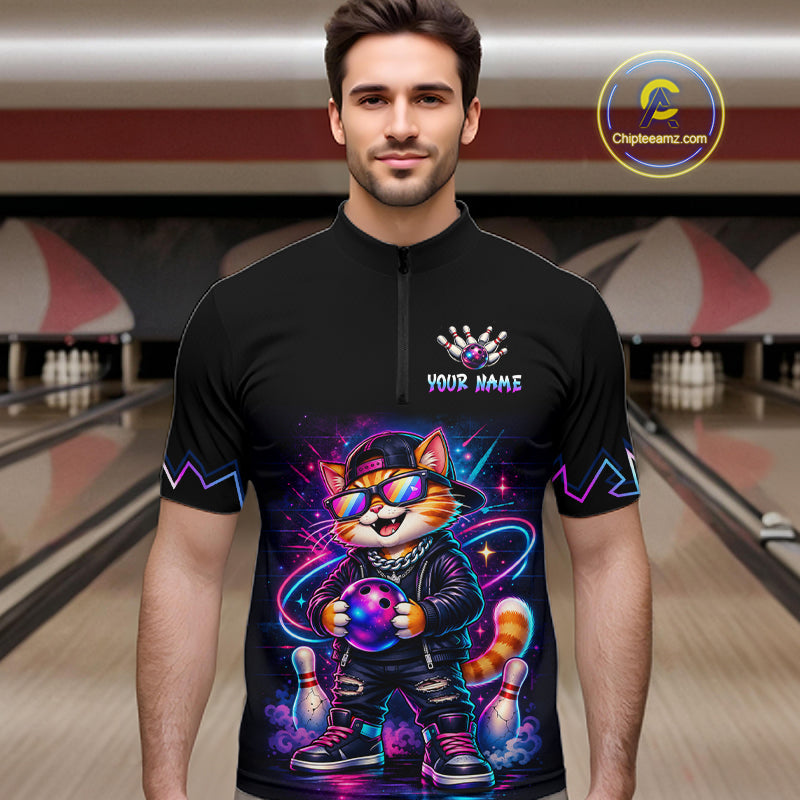 Custom Neon Galaxy Funny Cat Bowling Team Shirts Bowling Jersey Bowling League