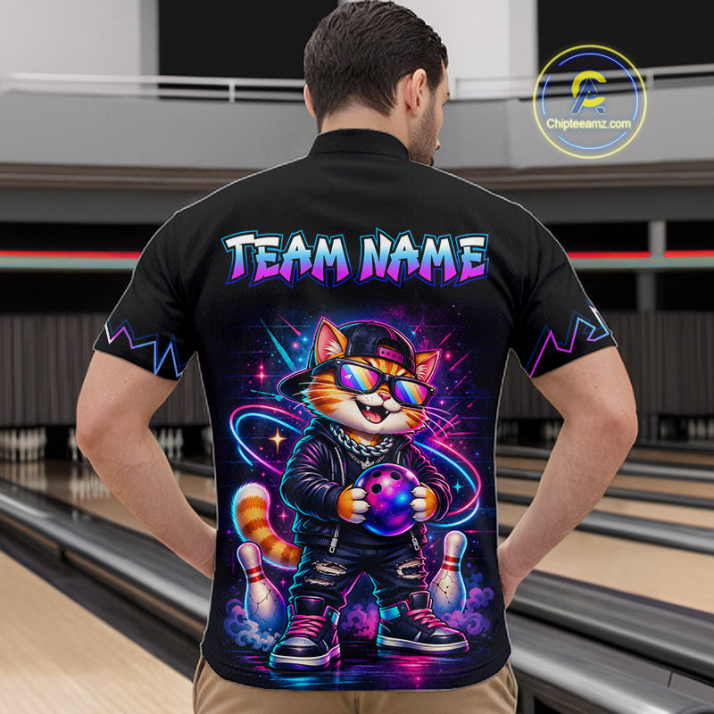 Custom Neon Galaxy Funny Cat Bowling Team Shirts Bowling Jersey Bowling League