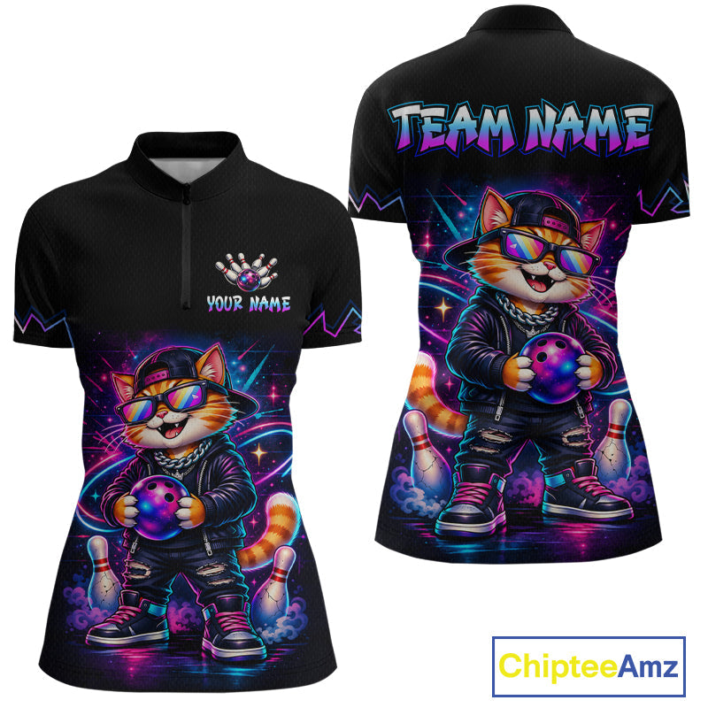 Custom Neon Galaxy Funny Cat Bowling Team Shirts Bowling Jersey Bowling League