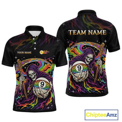 Custom Flame Rainbow Grim Reaper 9 Ball Billiard Shirts Billiard Team Jerseys