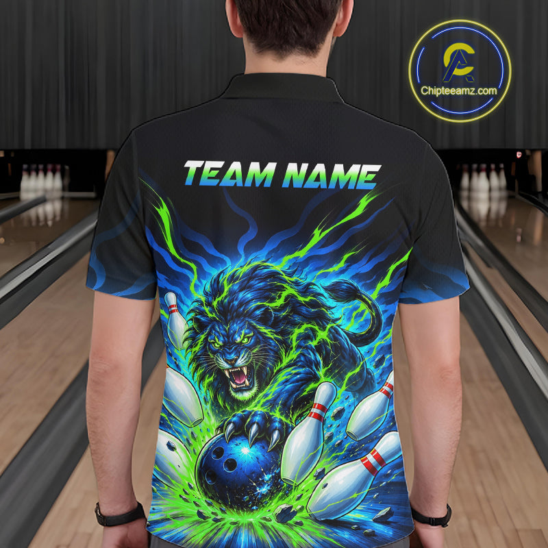 Custom Green Flame Lion Bowling Team Shirts Bowling League Shirts Polo & 1/4 Zip