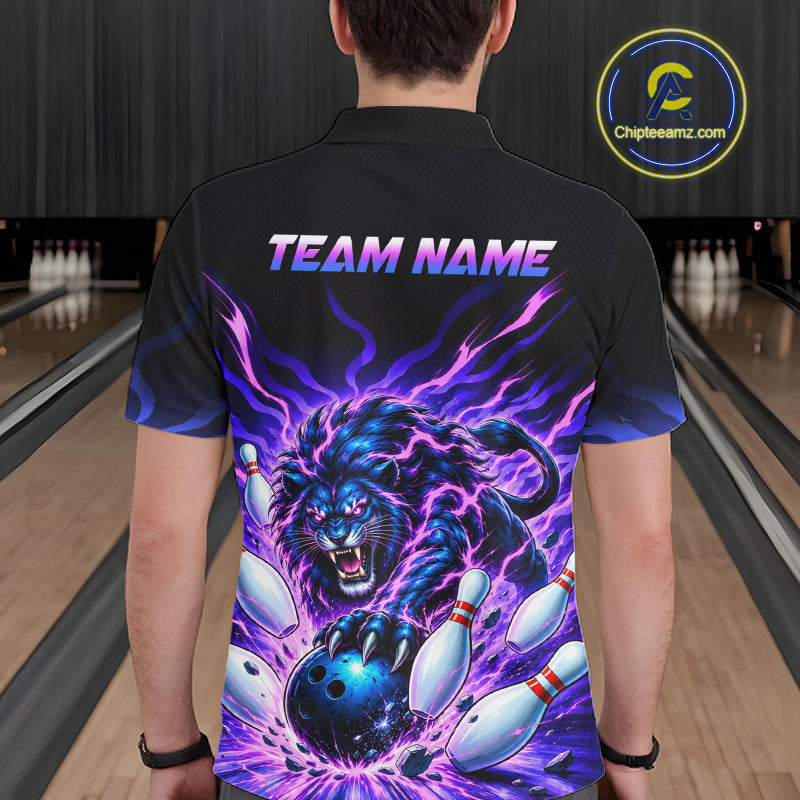 Custom Purple Flame Lion Bowling Team Shirts Bowling League Shirts Polo & 1/4 Zip