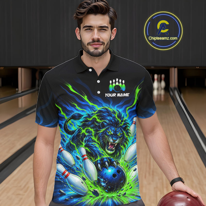 Custom Green Flame Lion Bowling Team Shirts Bowling League Shirts Polo & 1/4 Zip