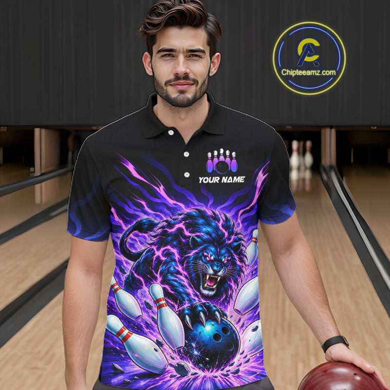 Custom Purple Flame Lion Bowling Team Shirts Bowling League Shirts Polo & 1/4 Zip