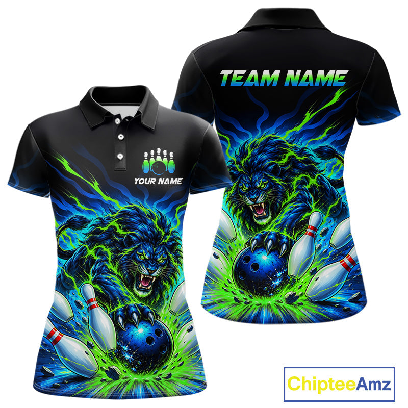 Custom Green Flame Lion Bowling Team Shirts Bowling League Shirts Polo & 1/4 Zip