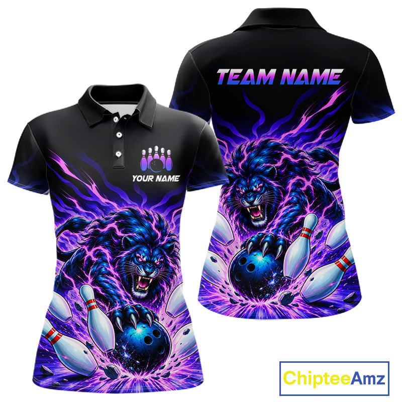 Custom Purple Flame Lion Bowling Team Shirts Bowling League Shirts Polo & 1/4 Zip