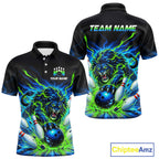Custom Green Flame Lion Bowling Team Shirts Bowling League Shirts Polo & 1/4 Zip