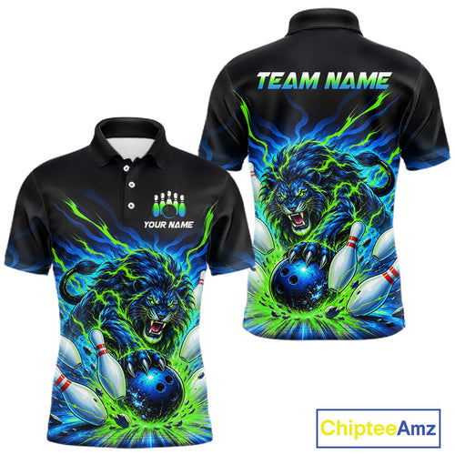 Custom Green Flame Lion Bowling Team Shirts Bowling League Shirts Polo & 1/4 Zip