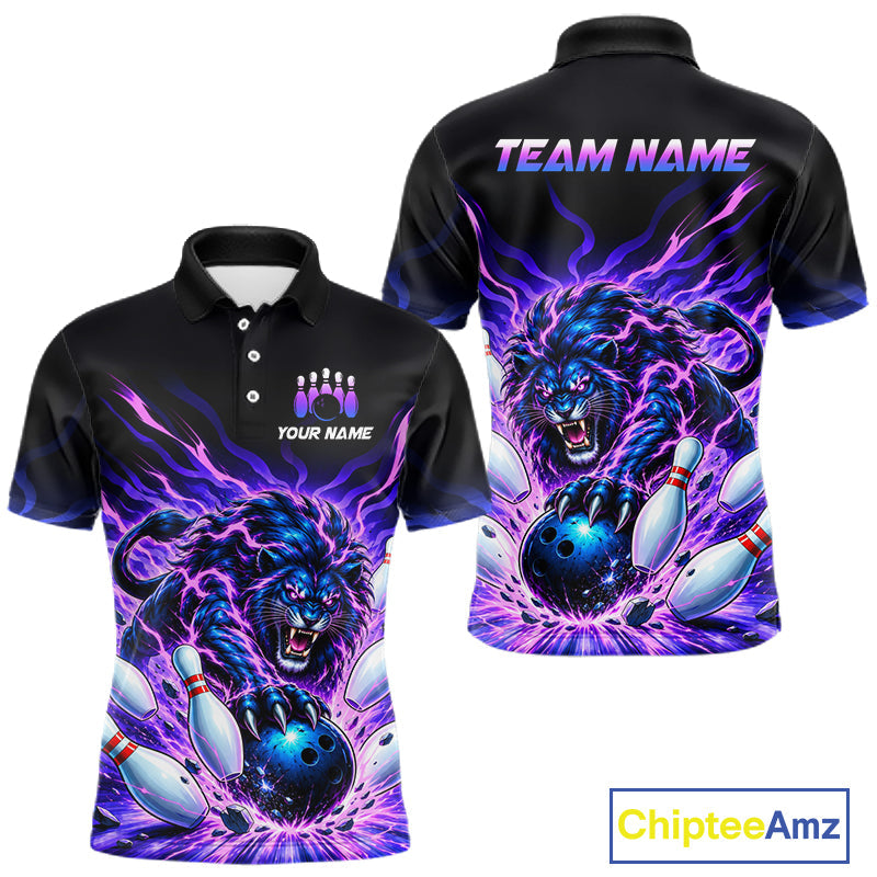 Custom Purple Flame Lion Bowling Team Shirts Bowling League Shirts Polo & 1/4 Zip