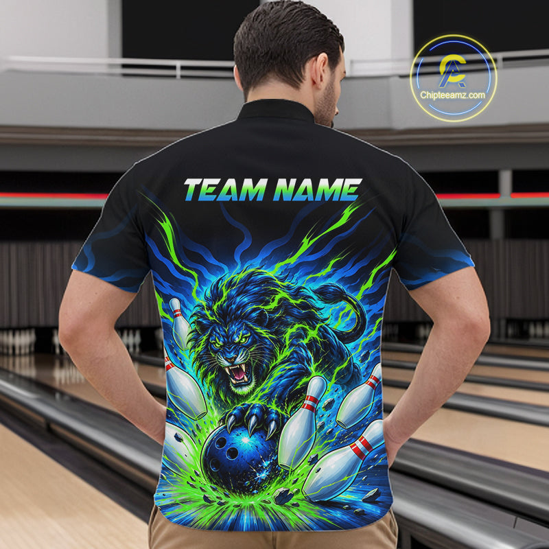 Custom Green Flame Lion Bowling Team Shirts Bowling League Shirts Polo & 1/4 Zip