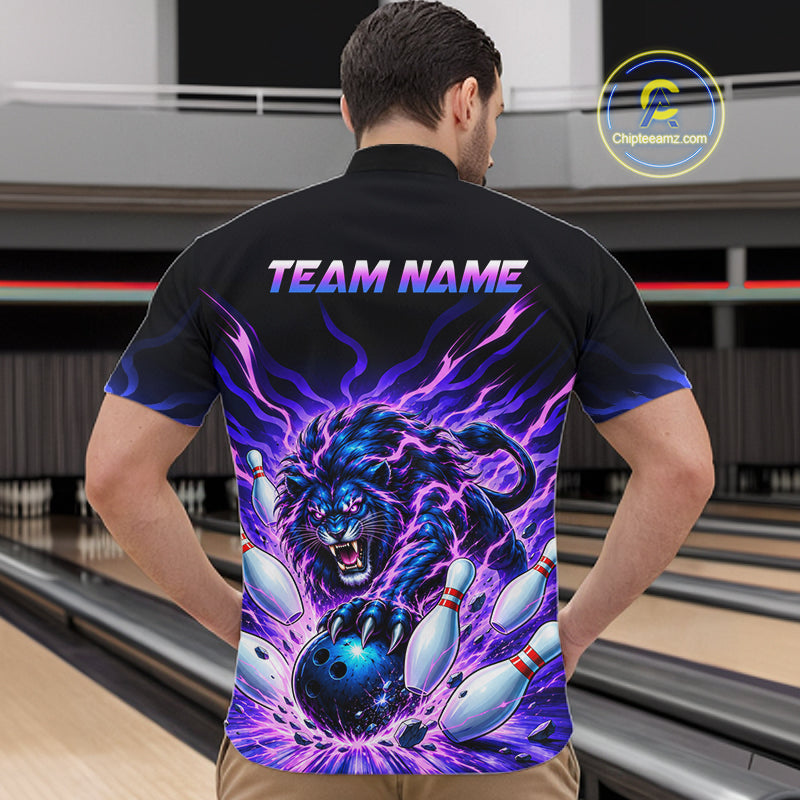 Custom Purple Flame Lion Bowling Team Shirts Bowling League Shirts Polo & 1/4 Zip
