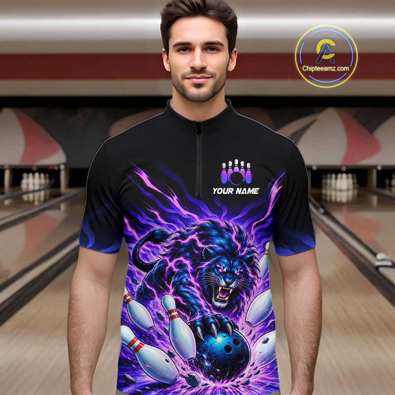 Custom Purple Flame Lion Bowling Team Shirts Bowling League Shirts Polo & 1/4 Zip