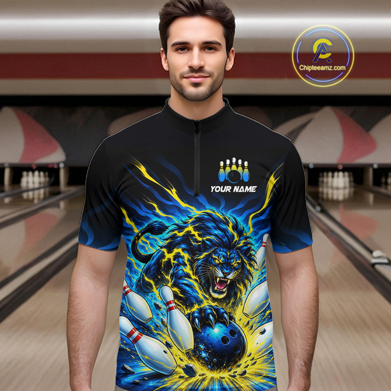 Custom Yellow Flame Lion Bowling Team Shirts Bowling League Shirts Polo & 1/4 Zip