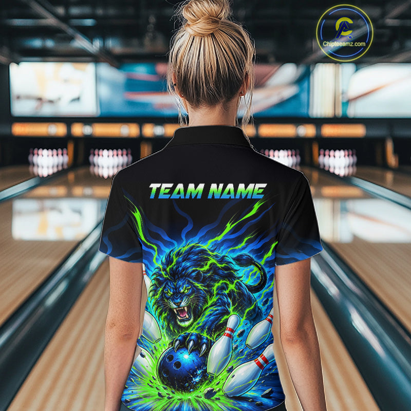 Custom Green Flame Lion Bowling Team Shirts Bowling League Shirts Polo & 1/4 Zip