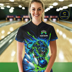 Custom Green Flame Lion Bowling Team Shirts Bowling League Shirts Polo & 1/4 Zip