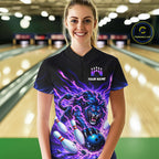 Custom Purple Flame Lion Bowling Team Shirts Bowling League Shirts Polo & 1/4 Zip