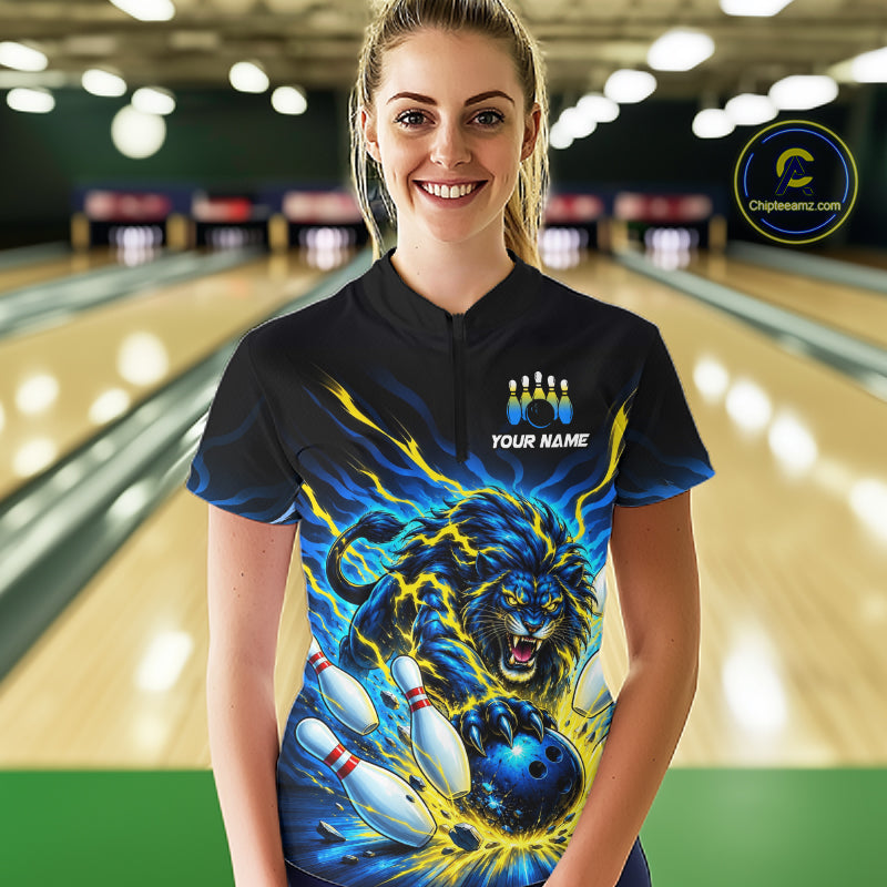 Custom Yellow Flame Lion Bowling Team Shirts Bowling League Shirts Polo & 1/4 Zip