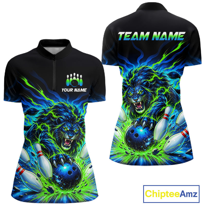 Custom Green Flame Lion Bowling Team Shirts Bowling League Shirts Polo & 1/4 Zip