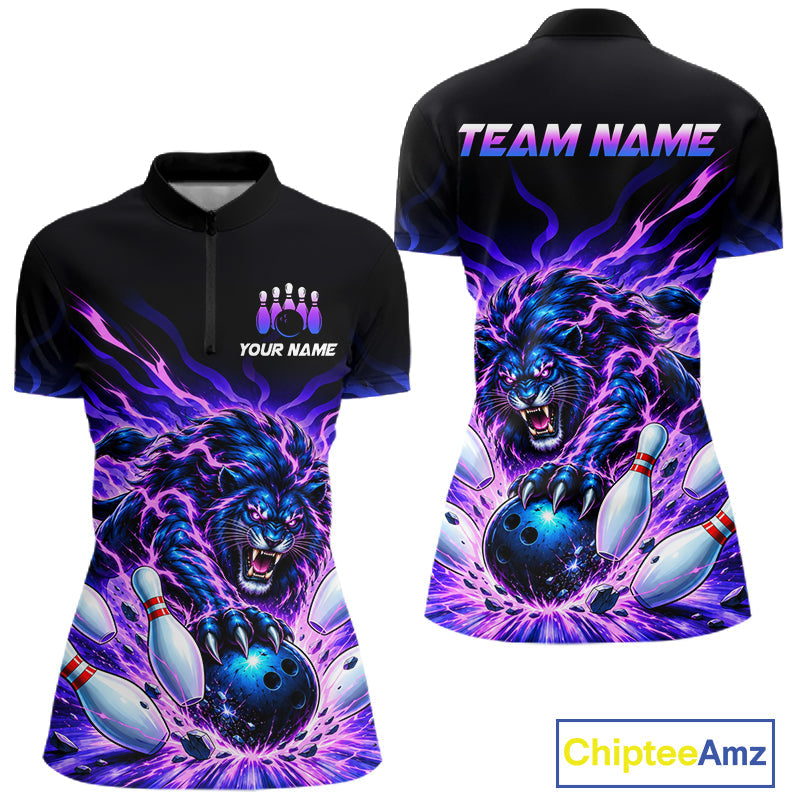 Custom Purple Flame Lion Bowling Team Shirts Bowling League Shirts Polo & 1/4 Zip
