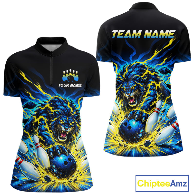 Custom Yellow Flame Lion Bowling Team Shirts Bowling League Shirts Polo & 1/4 Zip