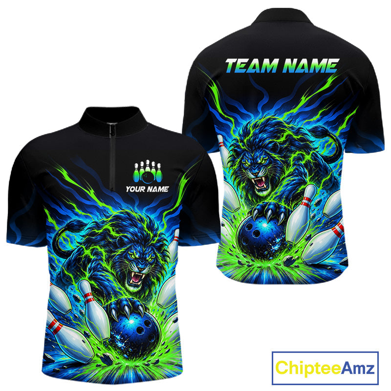 Custom Green Flame Lion Bowling Team Shirts Bowling League Shirts Polo & 1/4 Zip