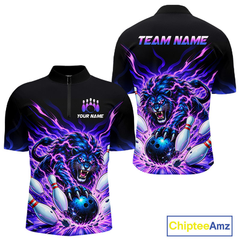 Custom Purple Flame Lion Bowling Team Shirts Bowling League Shirts Polo & 1/4 Zip