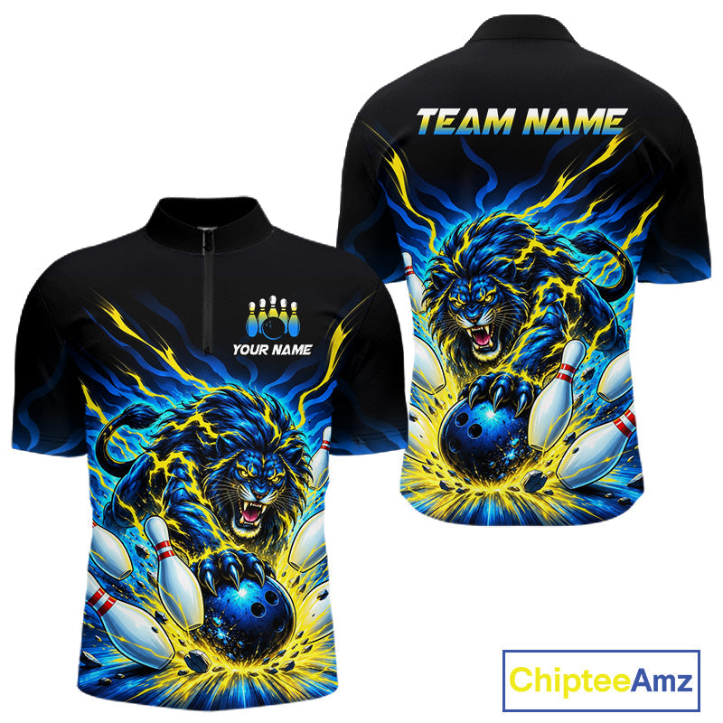 Custom Yellow Flame Lion Bowling Team Shirts Bowling League Shirts Polo & 1/4 Zip