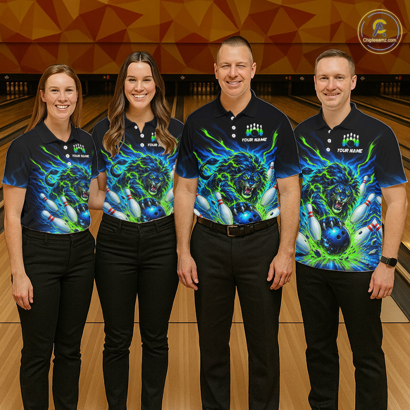 Custom Green Flame Lion Bowling Team Shirts Bowling League Shirts Polo & 1/4 Zip