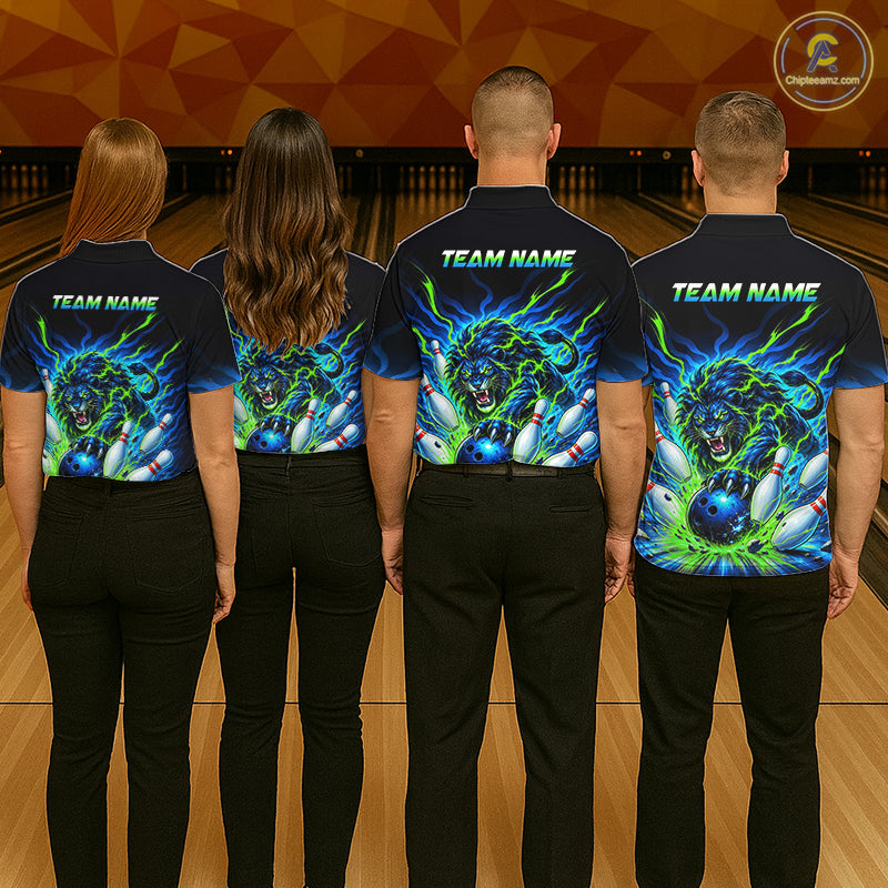 Custom Green Flame Lion Bowling Team Shirts Bowling League Shirts Polo & 1/4 Zip